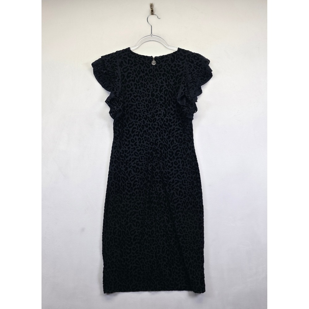 Tommy Hilfiger Dress Womens 8 Black‎ Ruffle Leopard Print Velvet Burnout Sheath - Picture 3 of 12